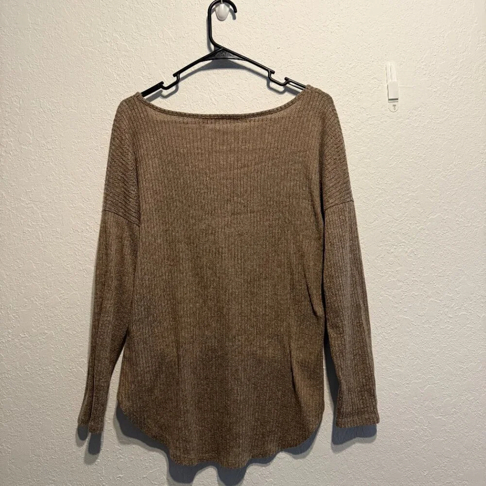 Liberty Love Brown Ribbed Knit Button Down Tie Front Blouse Women’s Size L Top
